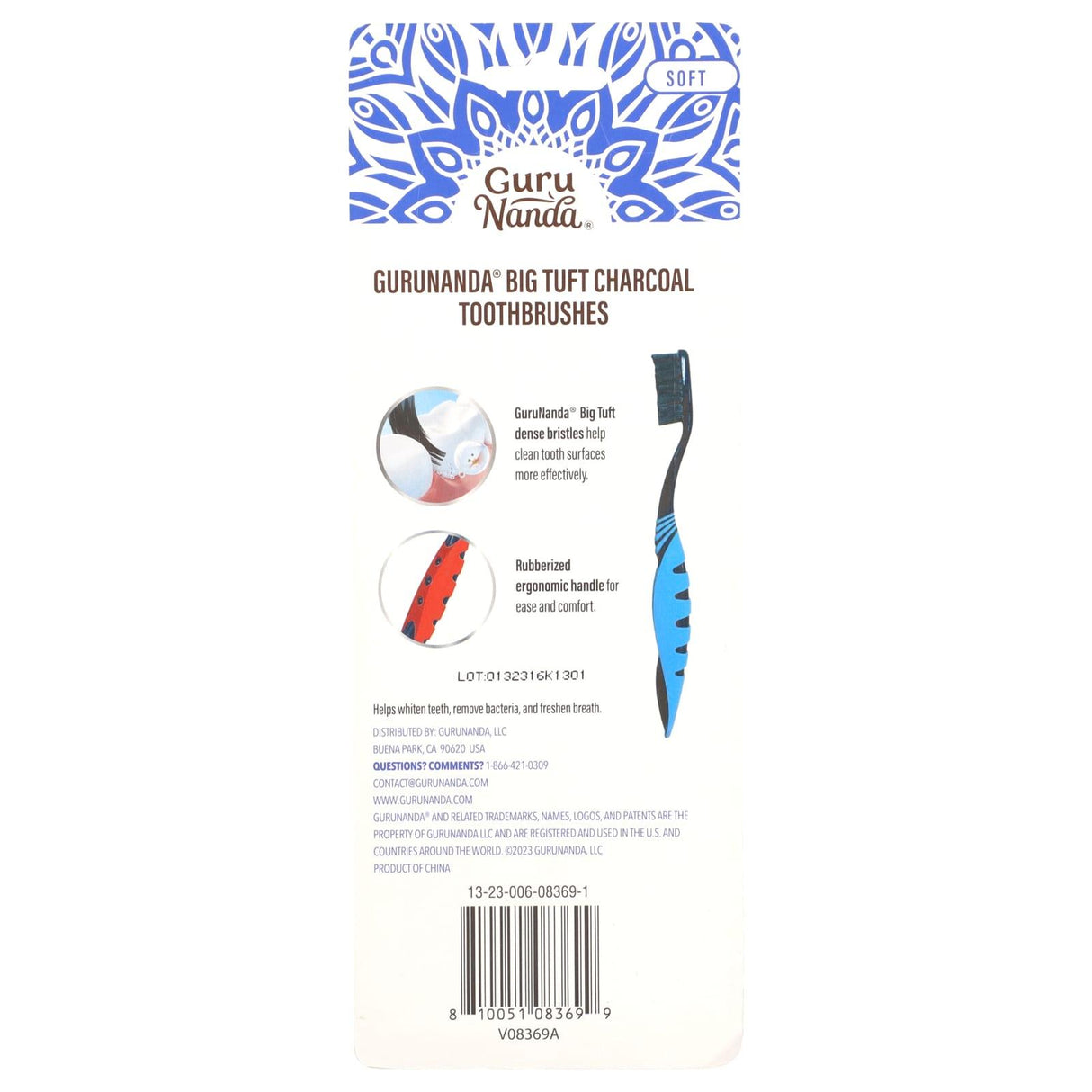 GuruNanda, Big Tuft Charcoal Toothbrushes, Soft , 6 Toothbrushes - Supply Center USA