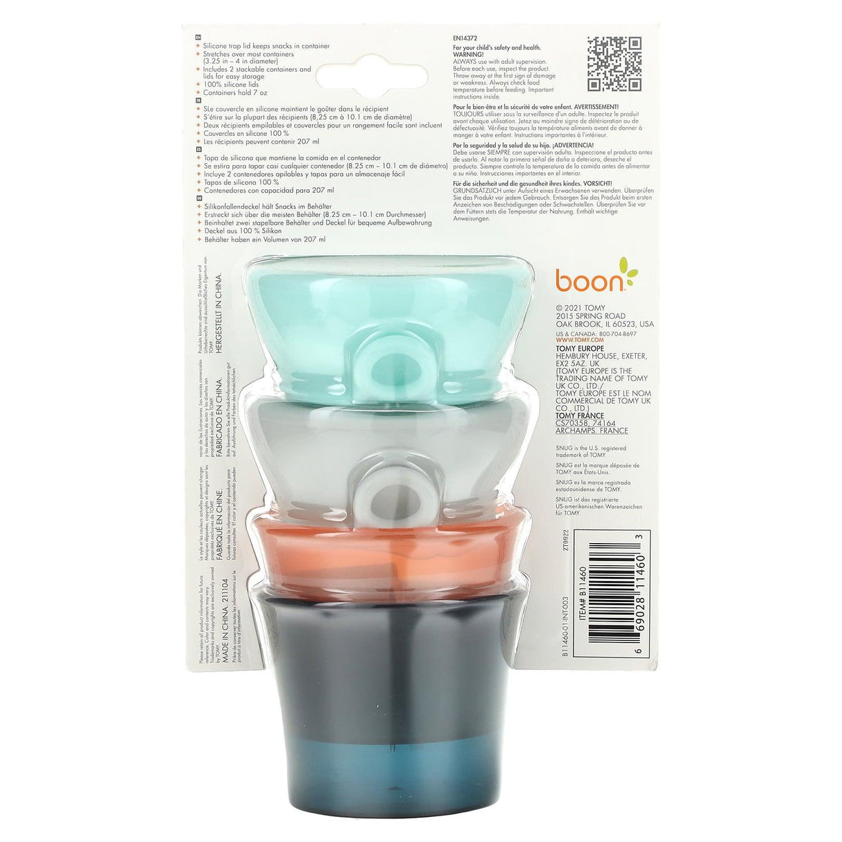 Boon, Snug Snack, Universal Silicone Snack Lid with Cup, 9m+, 2 Cups & 2 Lids, 7 oz (207 ml) Each - Supply Center USA