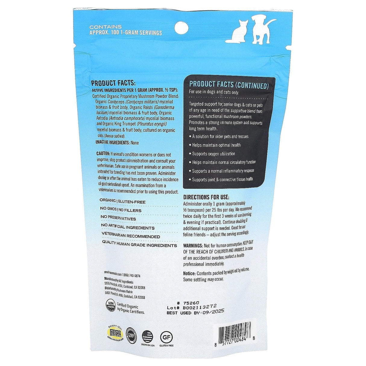 Mushroom Matrix Canine, Maximum Recovery, Certified Organic Mushroom Powder, For 25 lb Pet, For Dogs and Cats, 3.5 oz (100 g) - Supply Center USA