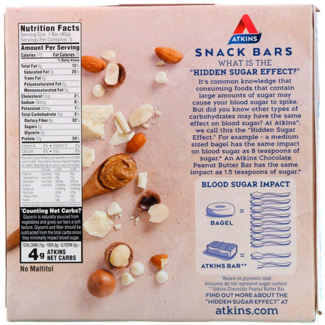 Atkins, Snacks, White Chocolate Macadamia Nut Bar, 5 Bars, 1.41 oz (40 g) Each - Supply Center USA