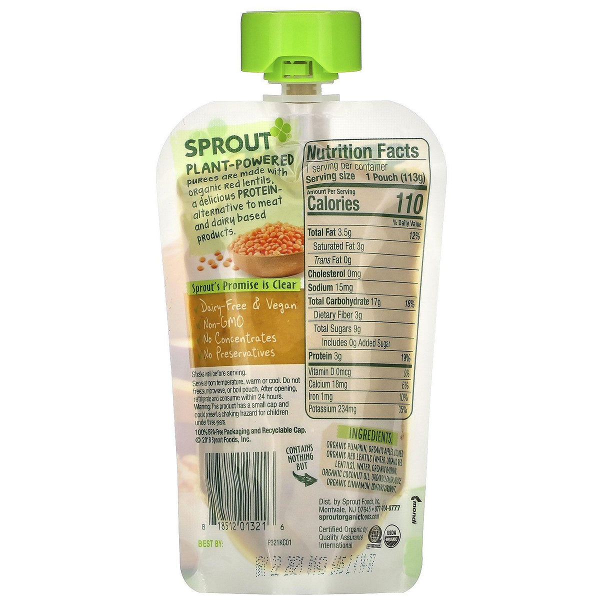 Sprout Organic, Baby Food, 8 Months & Up, Pumpkin, Apple, Red Lentil with Cinnamon, 4 oz (113 g) - Supply Center USA