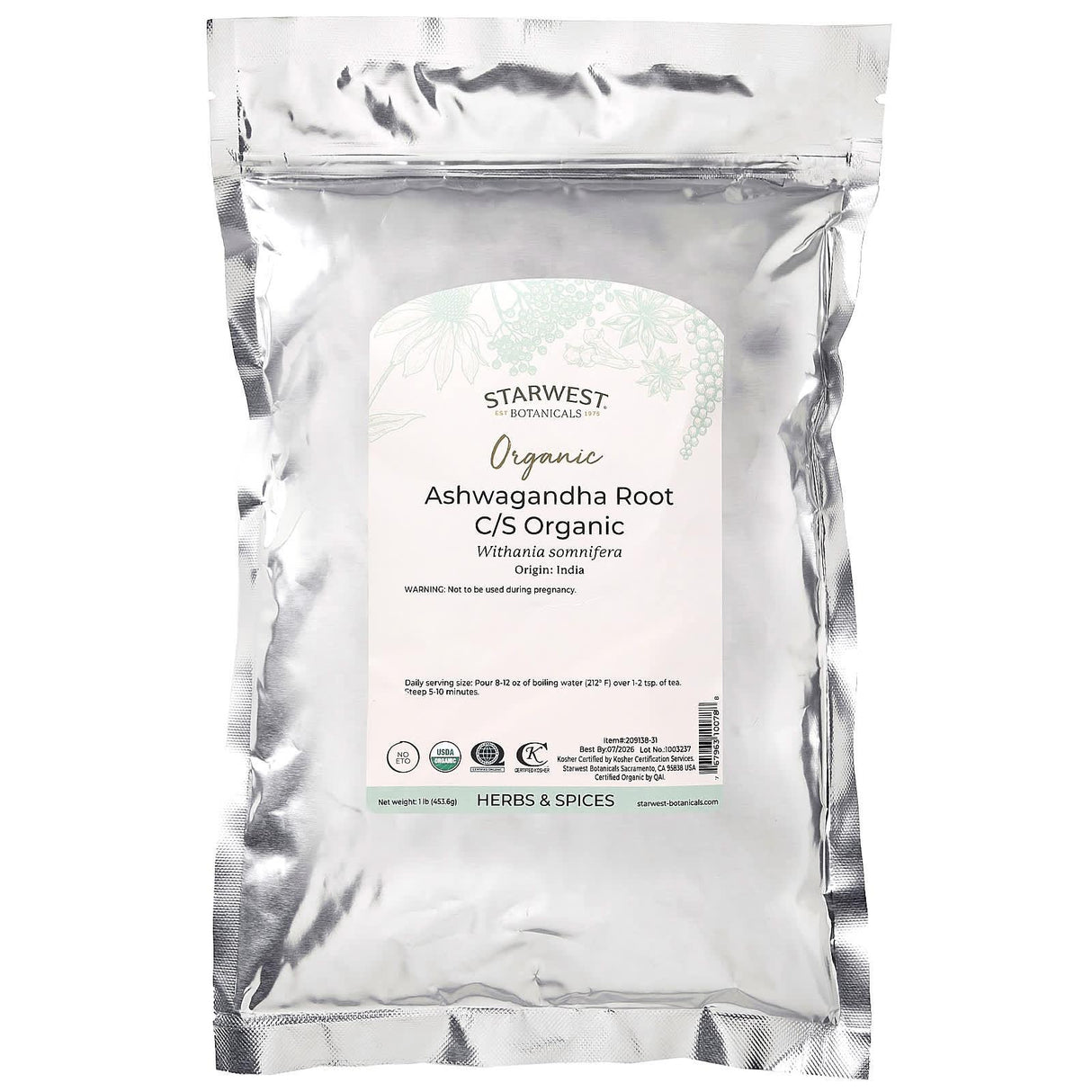 Starwest Botanicals, Organic Ashwagandha Root C/S, 1 lb (453.6 g) - Supply Center USA