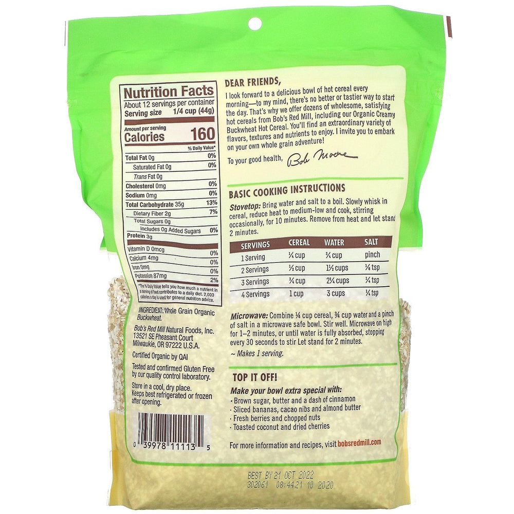 Bob's Red Mill, Organic Creamy Buckwheat Hot Cereal, Whole Grain, 18 oz (510 g) - HealthCentralUSA