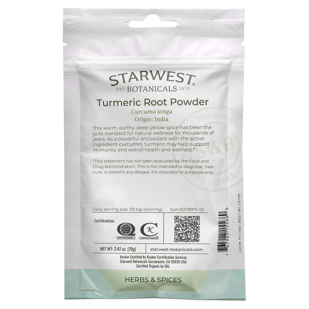 Starwest Botanicals, Organic Turmeric Root Powder, 2.47 oz (70 g) - Supply Center USA