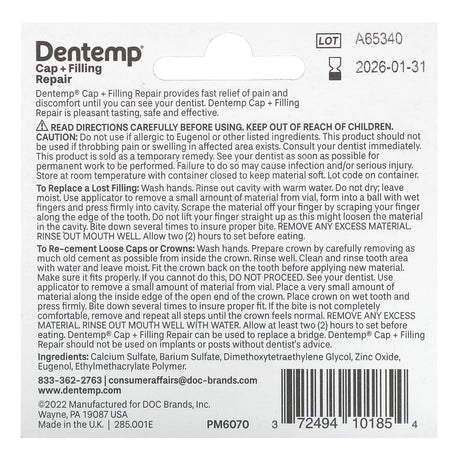 Dentemp, Cap + Filling Repair, Maximum Strength, 0.09 oz (2.64 g) - Supply Center USA