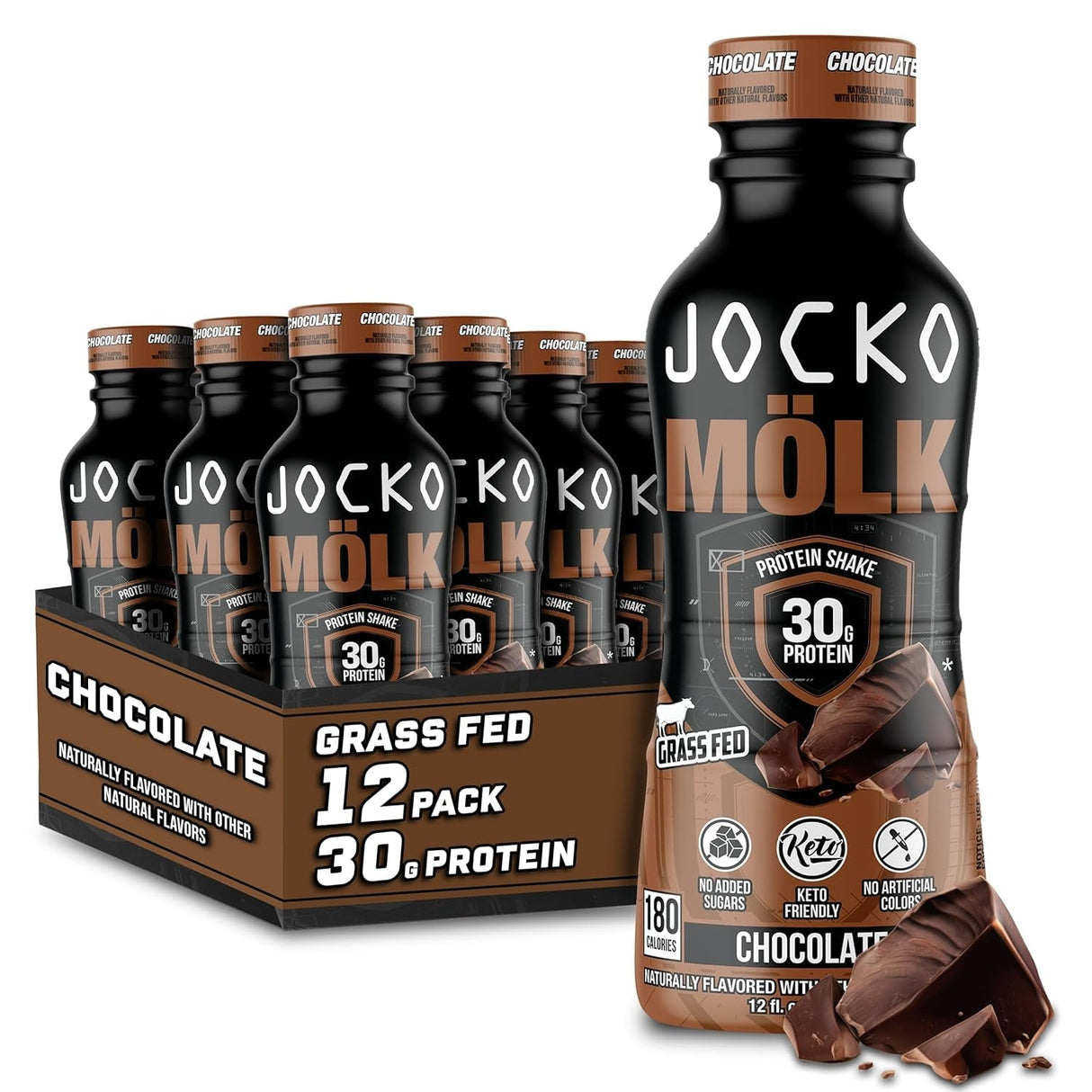 Jocko Mölk 30G Grass Fed Protein Shakes – No Added Sugar Protein Drinks KETO Friendly - Ready to Drink 12 FL Oz (Pack of 12) Chocolate