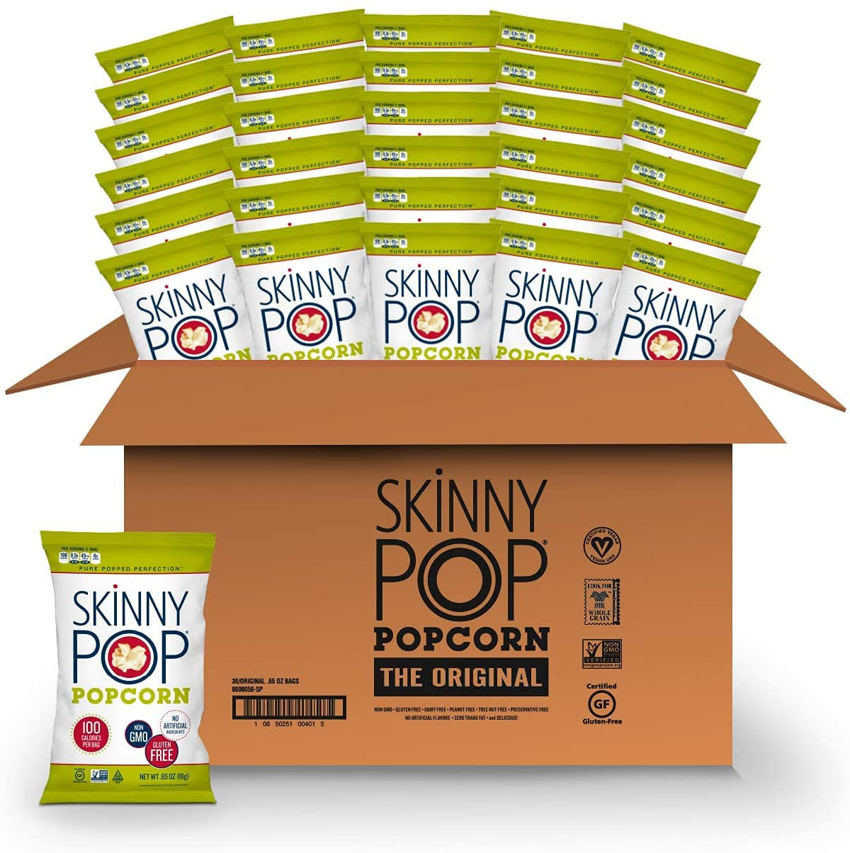 Skinnypop Original Popcorn, Individual Snack Size Bags, Skinny Pop, Healthy Popcorn Snacks, Gluten Free, 0.65 Ounce (Pack of 30)