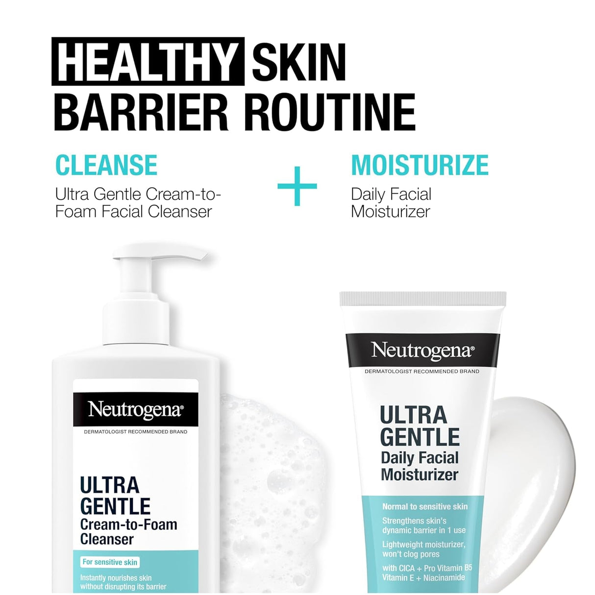 Neutrogena Ultra Gentle Cream-To-Foam Daily Facial Cleanser, Transforms from a Creamy Cleanser to a Foaming Face Wash, Gently Cleanses Sensitive Skin, Fragrance-Free, Hypoallergenic, 8.5 Oz