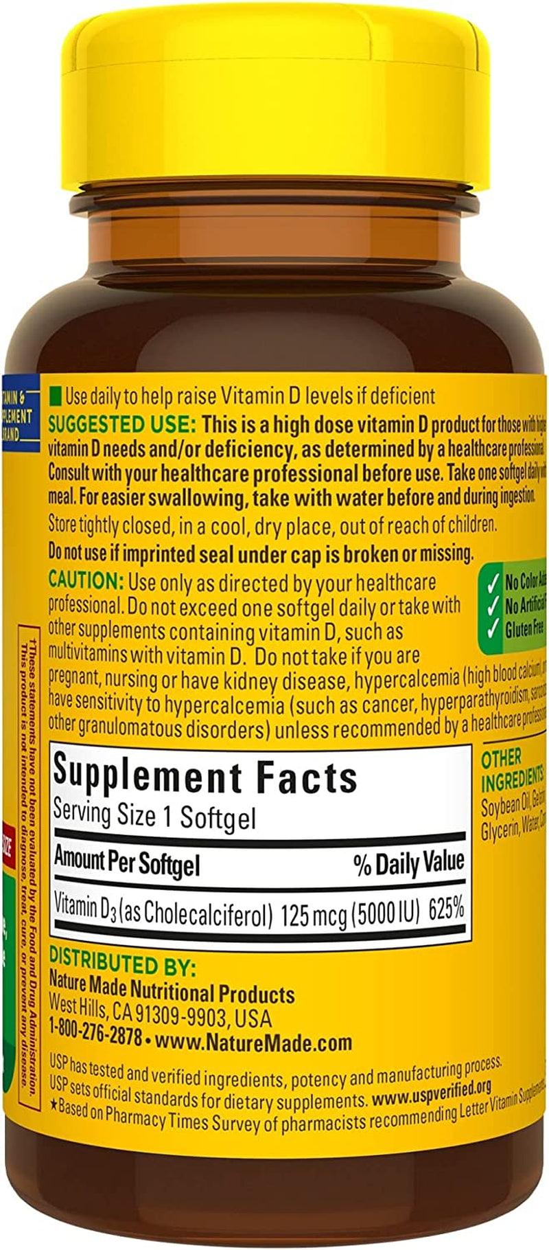 Nature Made Extra Strength Vitamin D3 5000 IU (125 Mcg), Dietary Supplement for Bone, Teeth, Muscle and Immune Health Support, 180 Softgels, 180 Day Supply - Supply Center USA