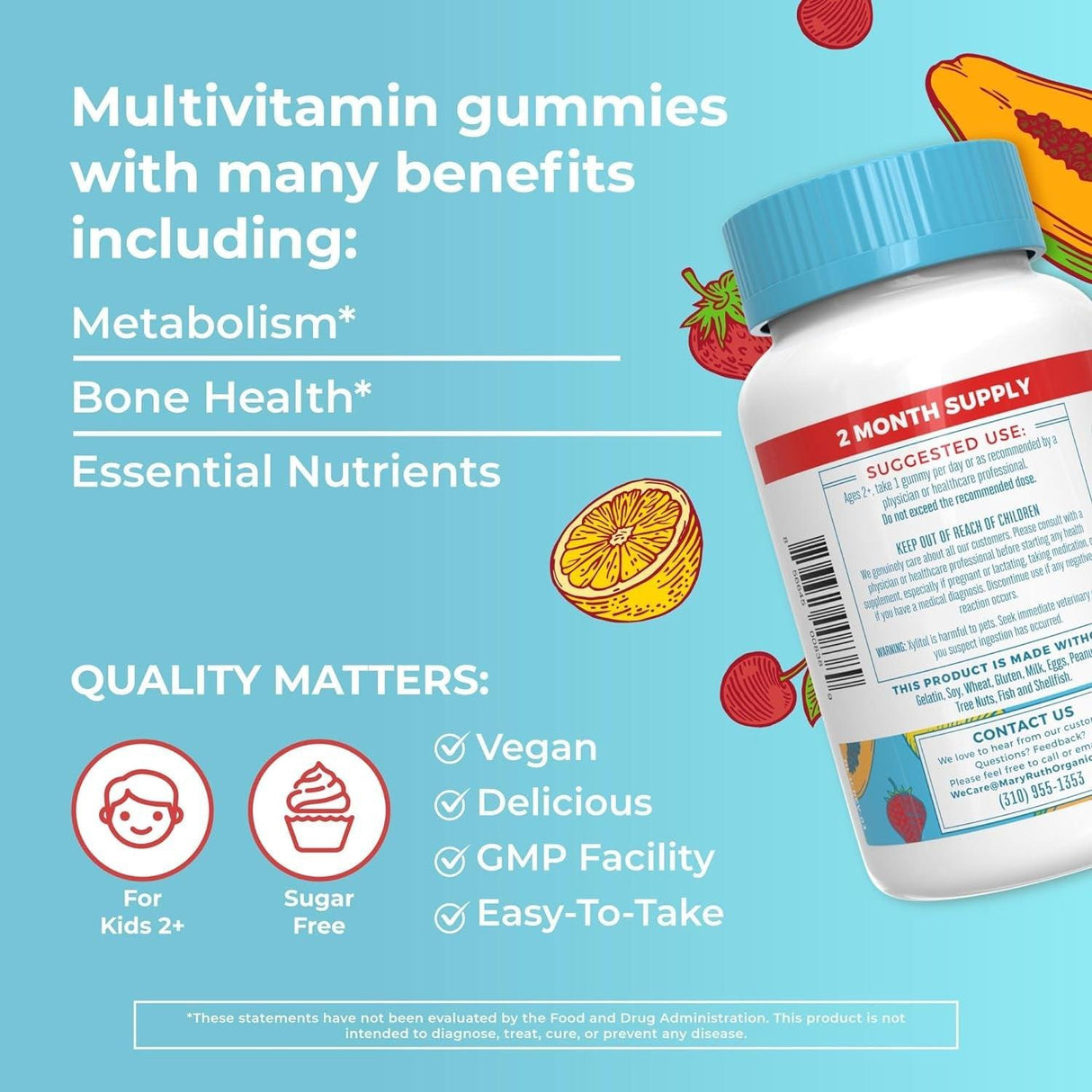 Kids Vitamins by Maryruth'S | Sugar Free | 2 Month Supply | Kids Multivitamin Gummies for Ages 2+ | Multivitamin for Kids | Vitamins for Kids | Vegan | Only 1 Gummy a Day | 60 Count - Supply Center USA