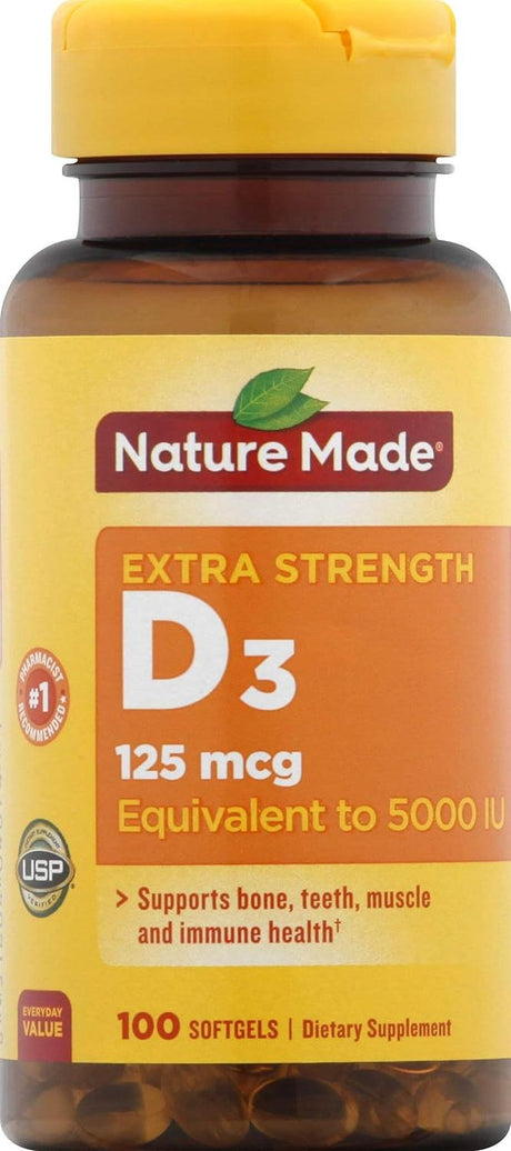 Nature Made Extra Strength Vitamin D3 5000 IU (125 Mcg), Dietary Supplement for Bone, Teeth, Muscle and Immune Health Support, 180 Softgels, 180 Day Supply - Supply Center USA