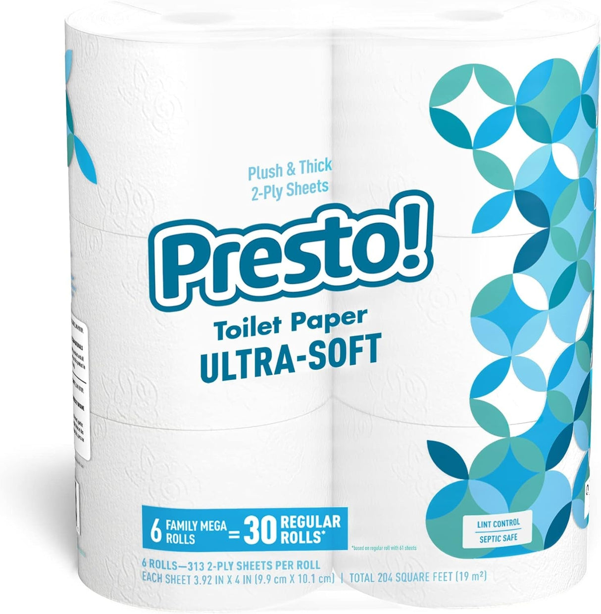 Amazon Brand - Presto! 313 2-Ply Sheet Mega Roll Toilet Paper, Unscented, Ultra-Soft, 12 Rolls (2 Packs of 6), Equivalent to 60 Regular Rolls, White