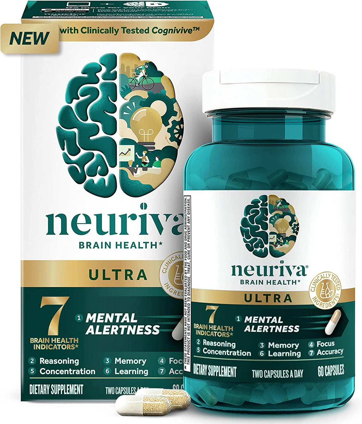 NEURIVA Ultra Decaffeinated Clinically Tested Nootropic Brain Supplement for Mental Alertness, Memory, Focus & Concentration, Cognivive, Neurofactor, Phosphatidylserine, Vitamins B6 B12, 60 Capsules - Supply Center USA