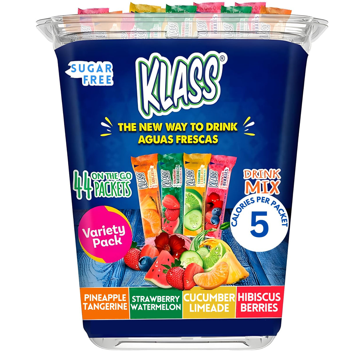 Klass Aguas Frescas Powdered Drink Mix | 44 Sugar Free Powder Packets | Flavors - Cucumber Limeade Pineapple Tangerine Strawberry Watermelon & Hibiscus Berries - Water Enhancer to Go!