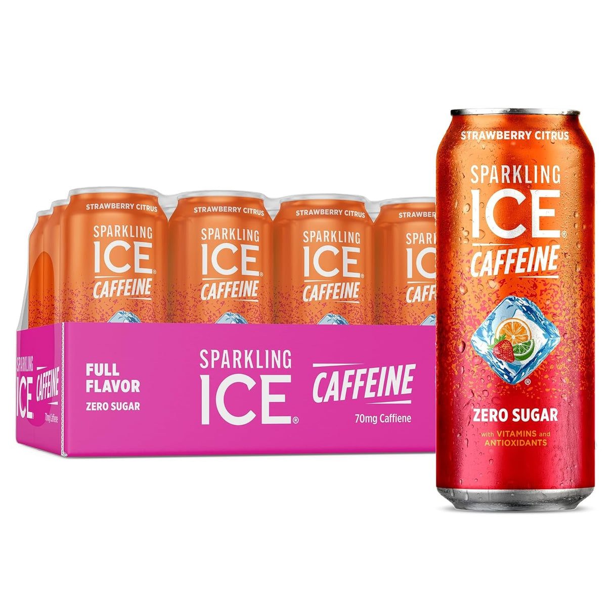 Sparkling Ice Caffeine Black Raspberry Sparkling Water with Caffeine, Zero Sugar, with Antioxidants and Vitamins,16 Fl Oz Cans (Pack of 12)