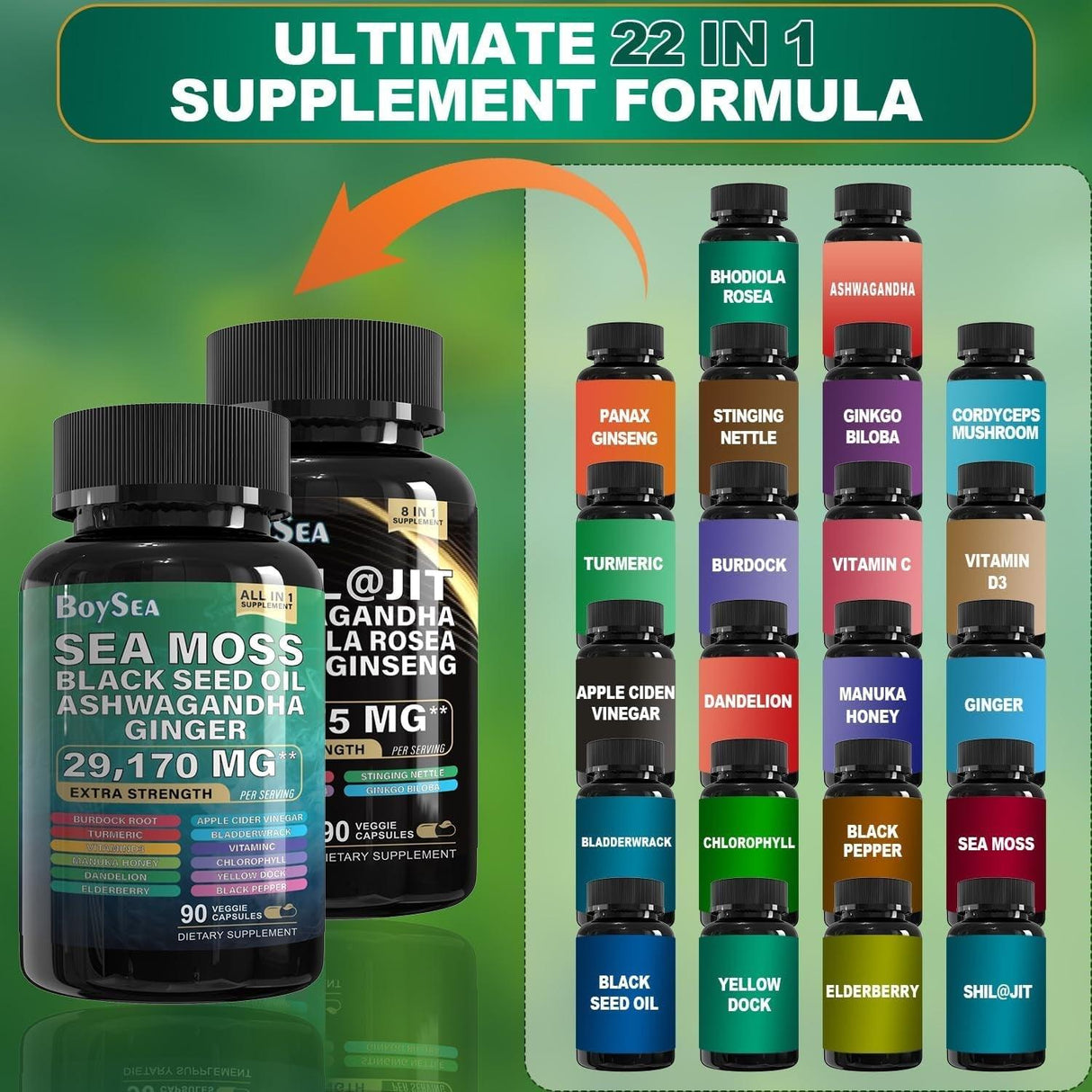 Sea Moss and Shilajit Bundle - 90 Count - Sea Moss 7000Mg, Black Seed Oil 4000Mg, Ashwagandha 2000Mg, Ginger & Shilajit 9000Mg, Rhodiola Rosea 1000Mg, All in 1 Supplements (1 Pack) - Supply Center USA