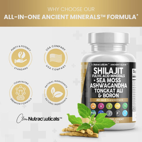 Clean Nutraceuticals Shilajit Supplement 10,000Mg with Sea Moss 6000Mg, Ashwagandha 6000Mg, Tongkat Ali, Boron, Magnesium - Fulvic Acid Capsules for Men - 90 Count - Supply Center USA