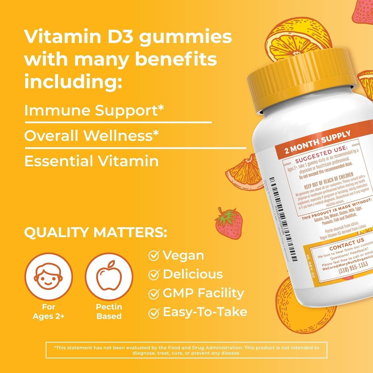 Maryruth Organics Vitamin D3 Gummies, 2 Month Supply, Adults & Kids Gummies, Immune Support Supplement, Vitamin D3 1000IU for Bone Health & Muscle Function, Vegan, Non-Gmo, Gluten Free, 60 Count - Supply Center USA