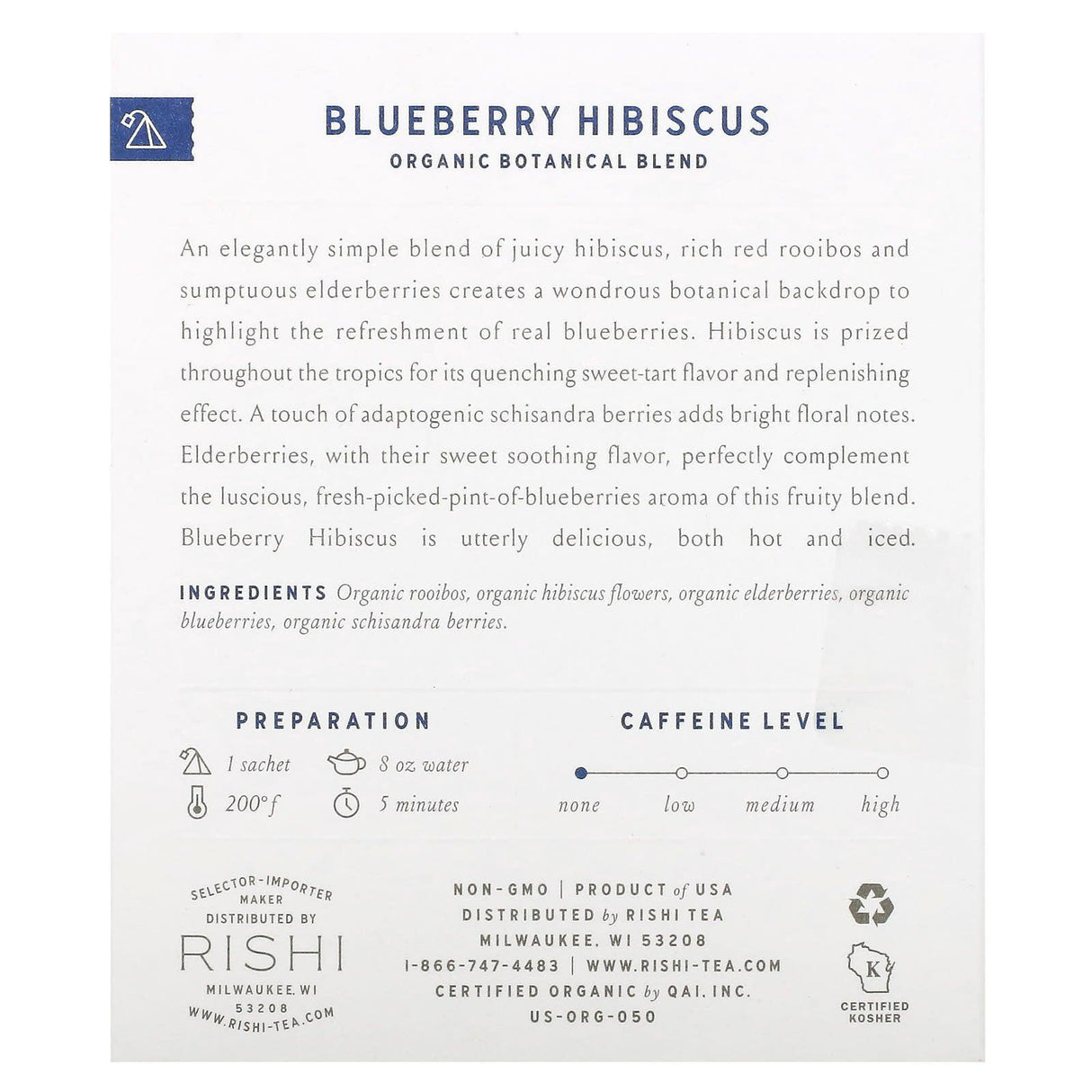 Rishi Tea, Organic Botanical Blend, Blueberry Hibiscus, Caffeine-Free, 15 Sachets, 1.58 oz (45 g) - Supply Center USA