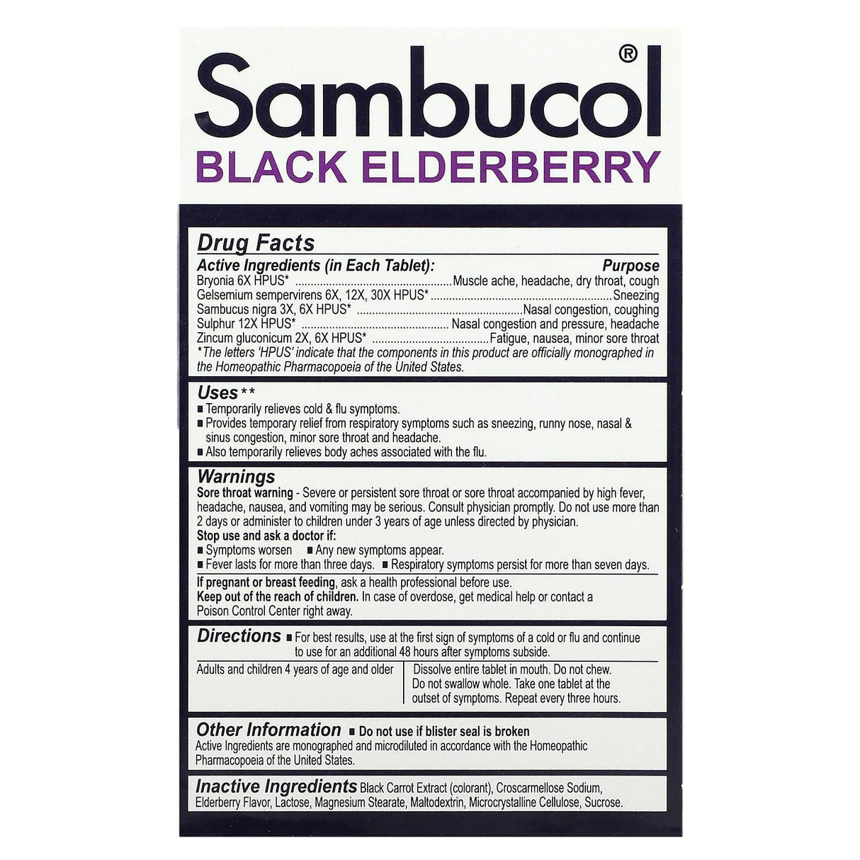 Sambucol, Black Elderberry, Cold & Flu Relief, Family Pack, 60 Quick Dissolve Tablets - Supply Center USA