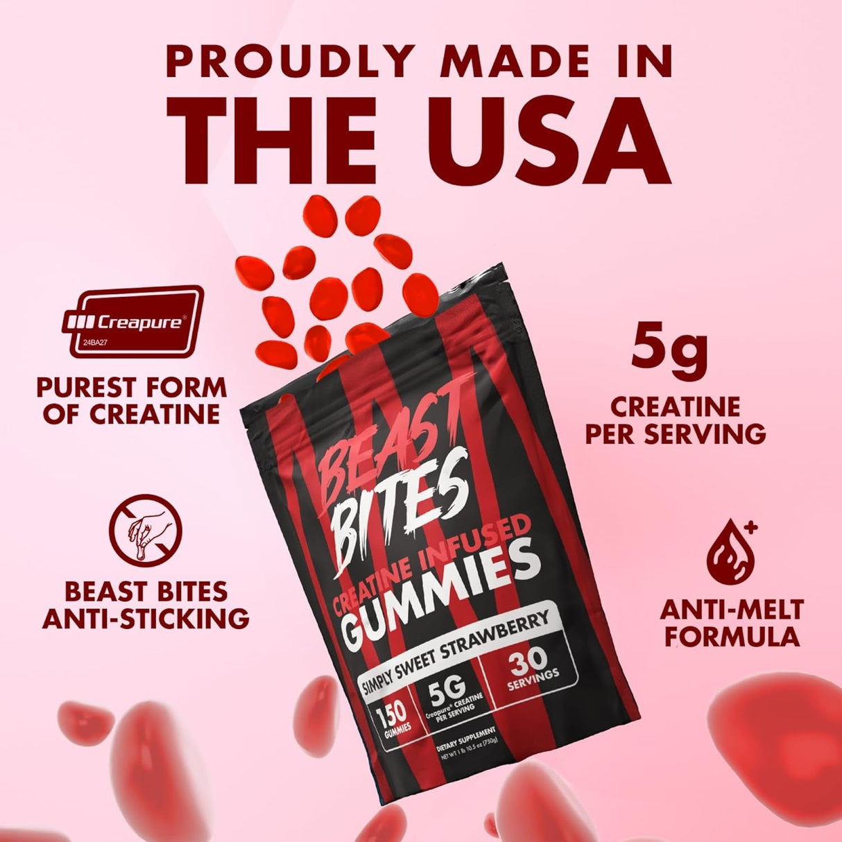 Creatine Gummies - 5G Creatine Monohydrate per Serving - No Sugar or Artificial Colors - Low-Calorie, Vegan & Halal - Made in the USA - 30 Servings