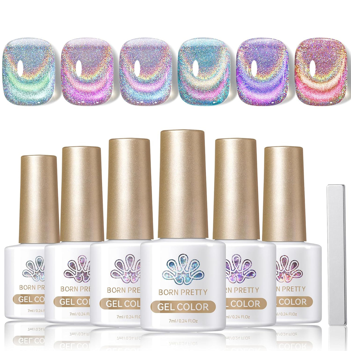 Born Pretty Cat Magnetic Eye Gel Nail Polish, Holographic Glitter Milky Jelly Cat Magnetic Gel Blue Green Purple Pink Nude Silver Nail Art Gel Manicure Salon DIY Gifts 7ML 6PCS