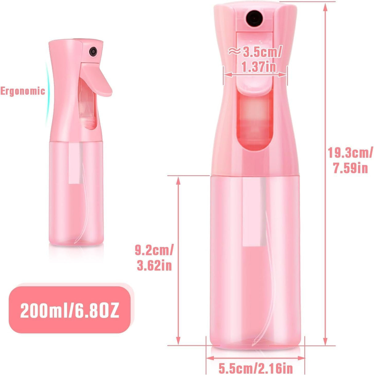 Empty Spray Bottles, Spray Water Bottle Fine Mist Refillable, Continuous Spray Bottle for Hair, Skin Care, Showering Pets, Plants, Travel, Cleaning and Ironing 6.8 Ounce (Pink)