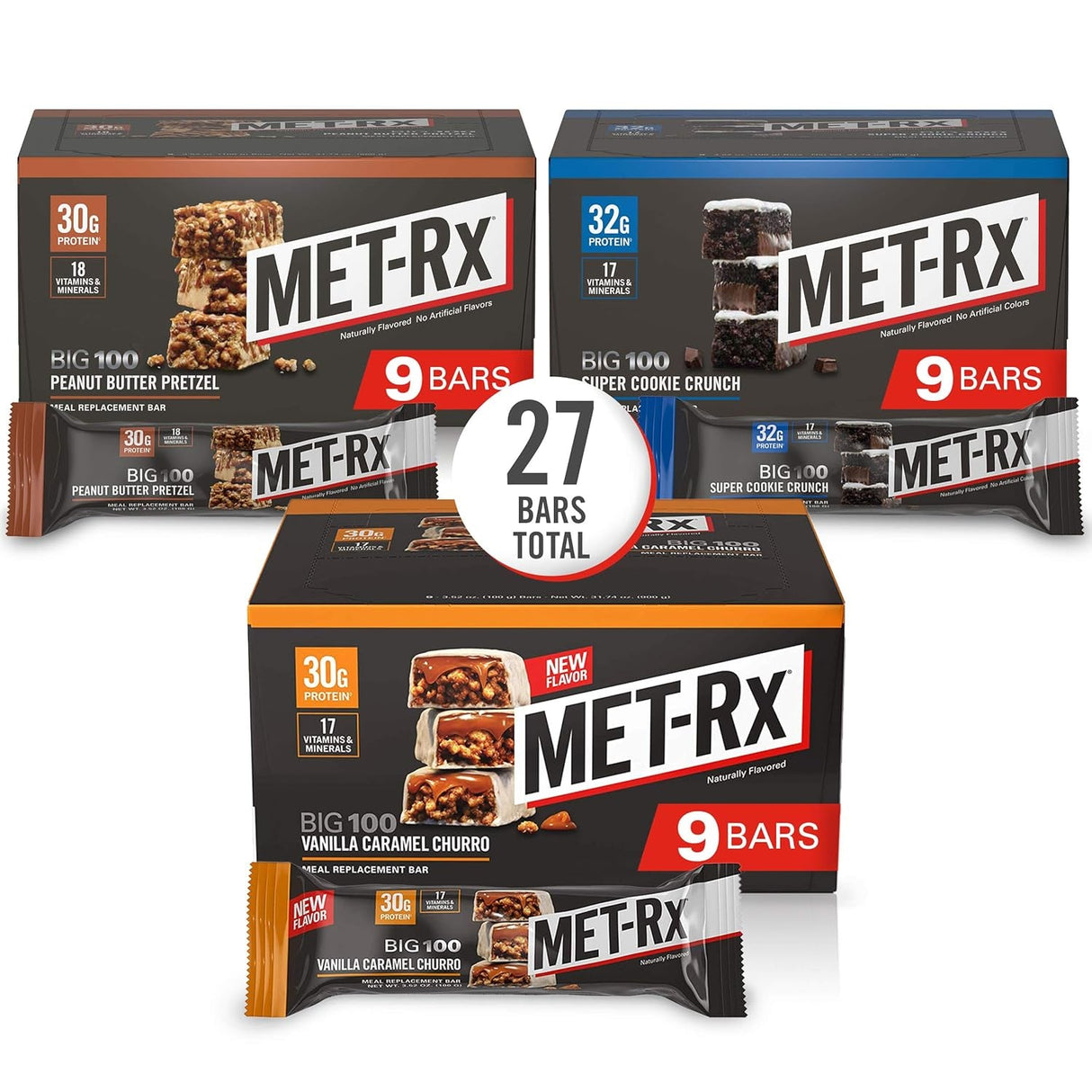 Met-Rx Big 100 Protein Bar, Meal Replacement Bar, 32G Protein, Super Cookie Crunch, 9 Bars (Pack of 1)