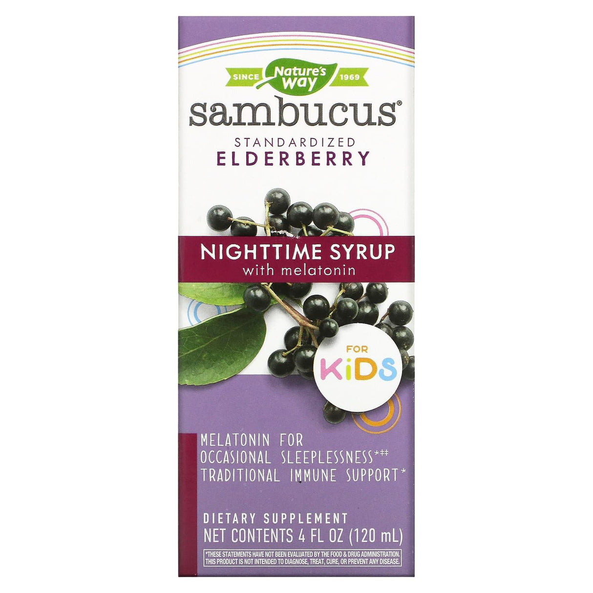 Nature's Way, Sambucus For Kids, Standardized Elderberry, Nighttime Syrup with Melatonin, 4 fl oz (120 ml) - Supply Center USA