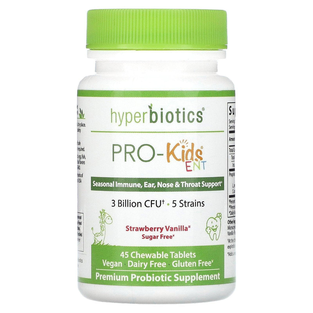 Hyperbiotics, PRO-Kids ENT, Sugar Free, Strawberry Vanilla, 3 Billion CFU, 45 Chewable Tablets - Supply Center USA