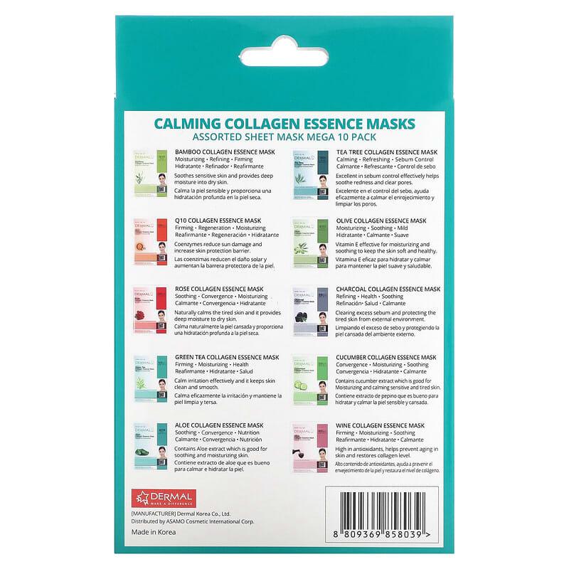 Dermal, Collagen Essence Sheet Masks, Calming, Assorted, 10 Sheet Masks, 0.81 oz (23 g) Each - Supply Center USA