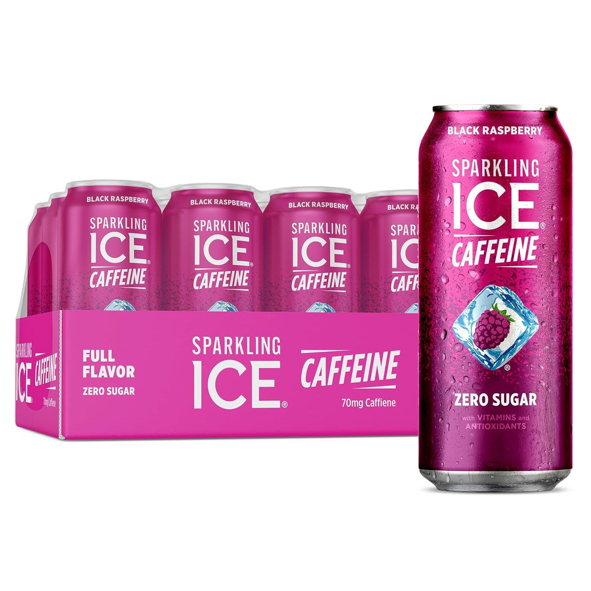 Sparkling Ice Caffeine Black Raspberry Sparkling Water with Caffeine, Zero Sugar, with Antioxidants and Vitamins,16 Fl Oz Cans (Pack of 12)