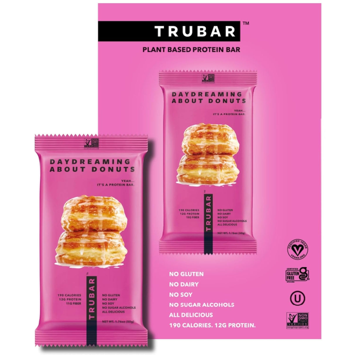 TRUBAR Vegan Protein Bar, Oh Oh Cookie Dough, Gluten Free, Plant Based Protein, Dairy Free, Non GMO, Soy Free, No Sugar Alcohols, 12G Protein, 12G Fiber, 23G Carb, Healthy on the Go Snack Bars, 12 CT