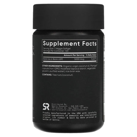 Sports Research, Biotin with Coconut Oil, 5,000 mcg, 120 Veggie Softgels - Supply Center USA