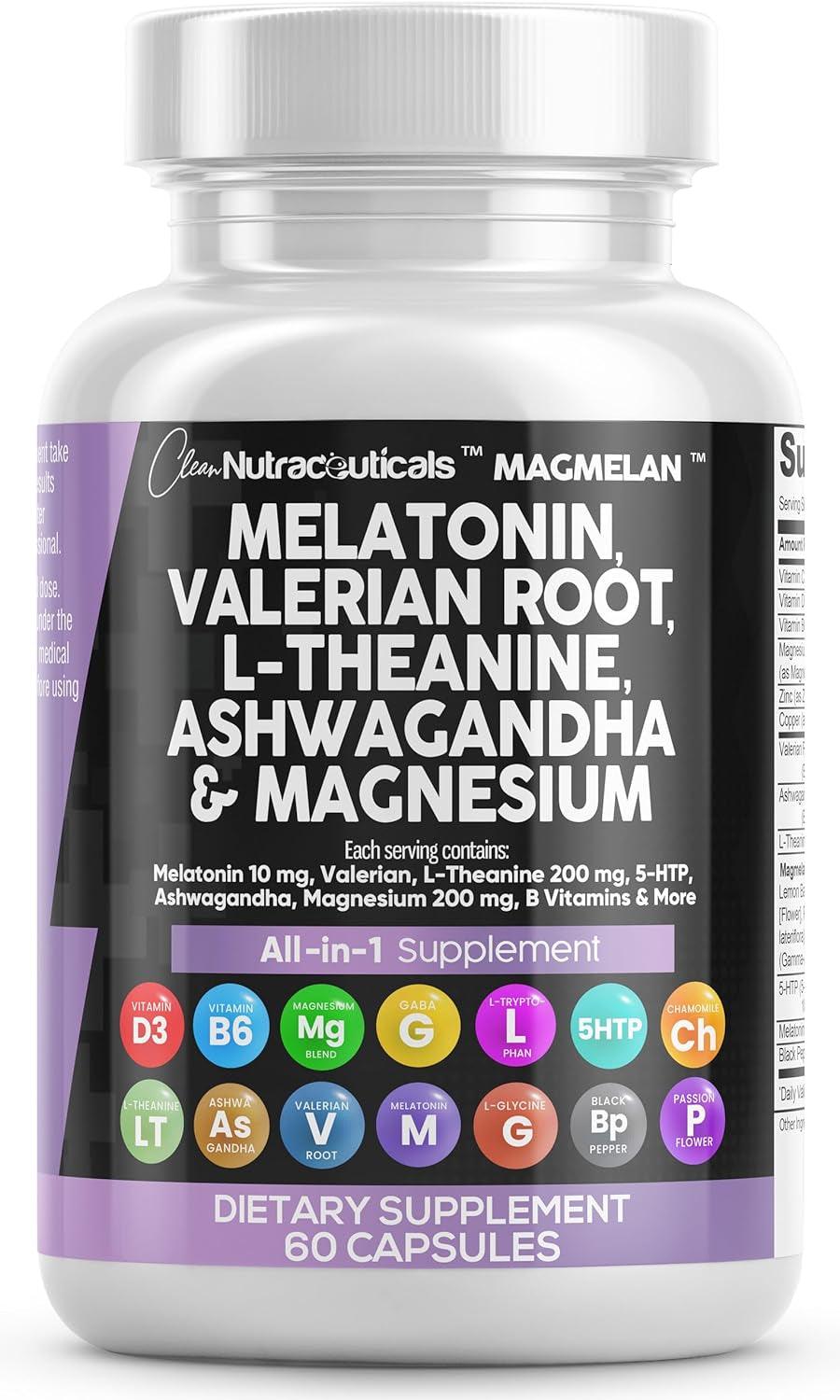 Clean Nutraceuticals Melatonin 10Mg Valerian Root 6000Mg L Theanine 200Mg Ashwagandha 4000Mg - Sleep Support for Women & Men with Magnesium Complex, Lemon Balm, Chamomile, & Passion Flower - 60 Caps - Supply Center USA