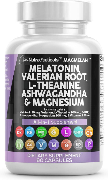 Clean Nutraceuticals Melatonin 10Mg Valerian Root 6000Mg L Theanine 200Mg Ashwagandha 4000Mg - Sleep Support for Women & Men with Magnesium Complex, Lemon Balm, Chamomile, & Passion Flower - 60 Caps - Supply Center USA