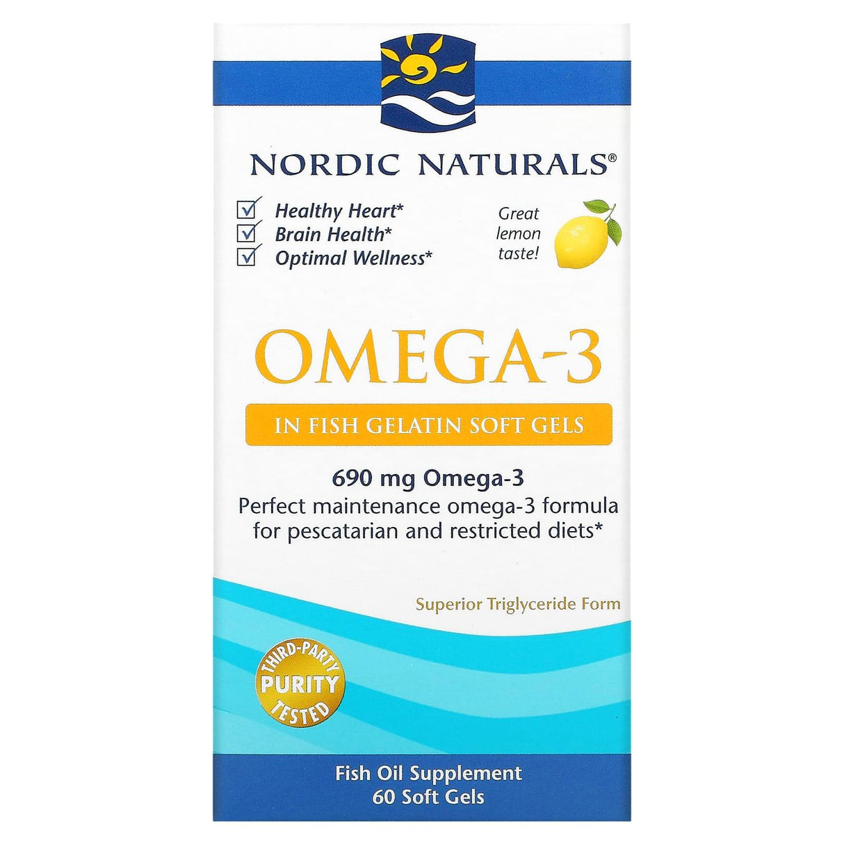 Nordic Naturals, Omega-3, Lemon, 345 mg, 60 Fish Gelatin Soft Gels - Supply Center USA