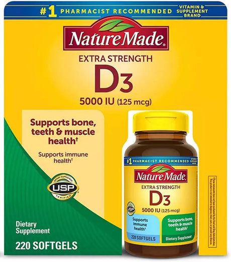 Nature Made Extra Strength Vitamin D3 5000 IU (125 Mcg), Dietary Supplement for Bone, Teeth, Muscle and Immune Health Support, 180 Softgels, 180 Day Supply - Supply Center USA