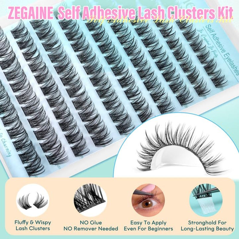 Self Adhesive Lashes Clusters Kit Natural Self Adhesive Cluster Eyelash Extensions Kit Reusable Wispy Cluster Lashes No Glue Needed Fluffy D Curl Individual Lashes Kit with Tweezers 10-16MM by Zegaine