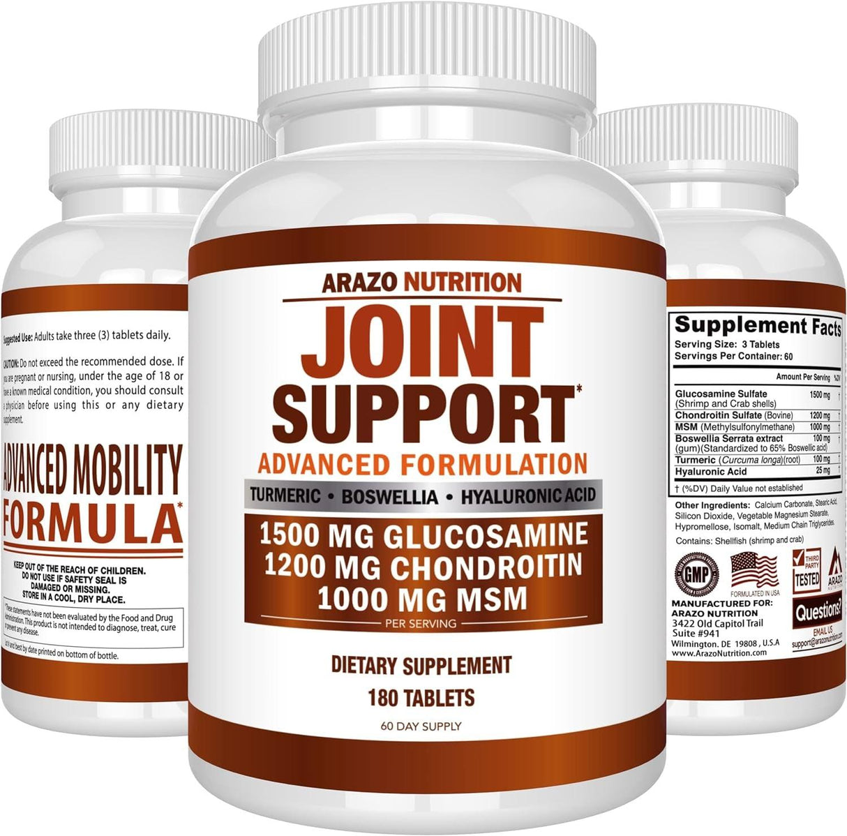 Glucosamine Chondroitin Turmeric Msm Boswellia - Joint Support Supplement for Relief 180 Tablets - Arazo Nutrition - Supply Center USA