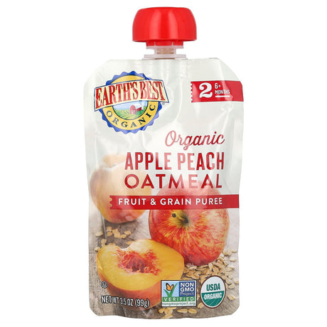 Earth's Best, Organic Fruit & Grain Puree, 6+ Months, Apple Peach Oatmeal, 3.5 oz (99 g) - Supply Center USA