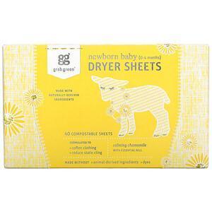 Grab Green, Newborn Baby Dryer Sheets, 0-4 Months, Calming Chamomile, 40 Sheets - Supply Center USA