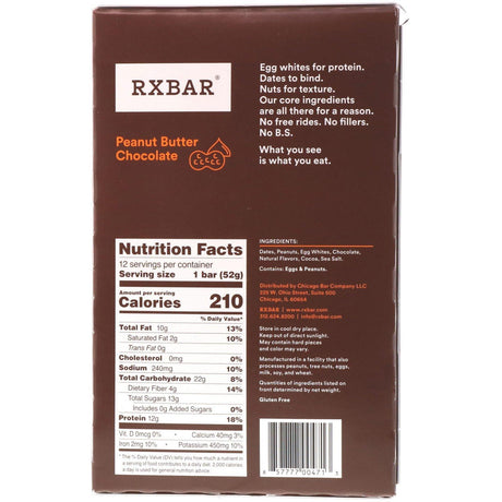 RXBAR, Protein Bar, Peanut Butter Chocolate, 12 Bars, 1.83 oz (52 g) Each - Supply Center USA