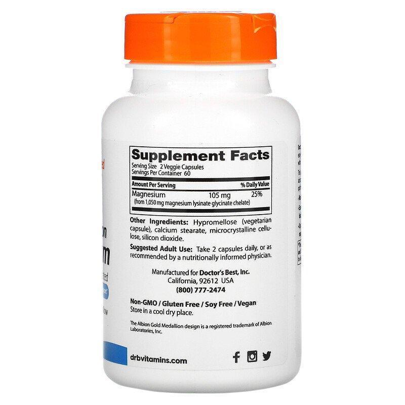 Doctor's Best, High Absorption Magnesium, Lysinate Glycinate 100% Chelated, 105 mg, 120 Veggie Caps - Supply Center USA