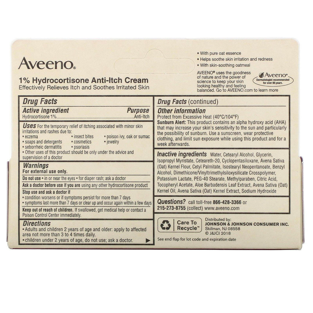 Aveeno, Active Naturals, 1% Hydrocortisone, Anti-Itch Cream, 1 oz (28 g) - HealthCentralUSA