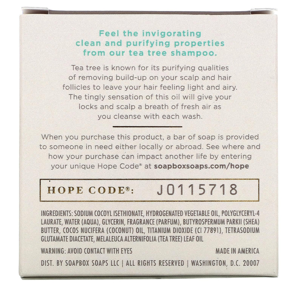 Soapbox, Tea Tree Shampoo Bar with Coconut Oil & Shea, Clean & Purify, 3.1 oz (87.5 g) - Supply Center USA