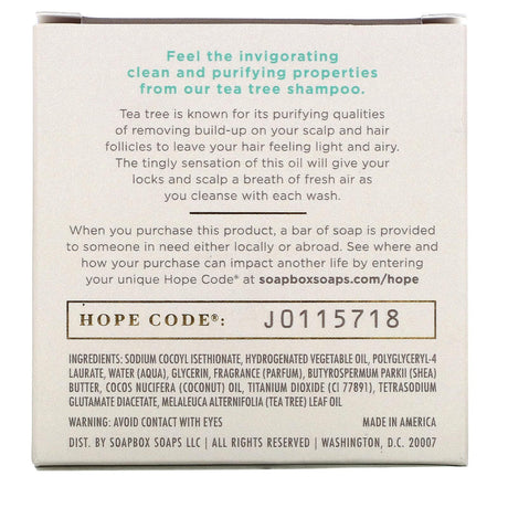 Soapbox, Tea Tree Shampoo Bar with Coconut Oil & Shea, Clean & Purify, 3.1 oz (87.5 g) - Supply Center USA