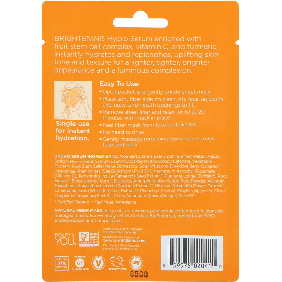 Andalou Naturals, Instant Brighten & Tighten, Hydro Serum Beauty Facial Mask, Brightening, 1 Single Use Fiber Sheet Mask, .6 fl oz (18 ml) - HealthCentralUSA