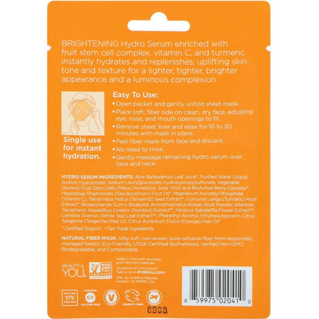 Andalou Naturals, Instant Brighten & Tighten, Hydro Serum Beauty Facial Mask, Brightening, 1 Single Use Fiber Sheet Mask, .6 fl oz (18 ml) - Supply Center USA