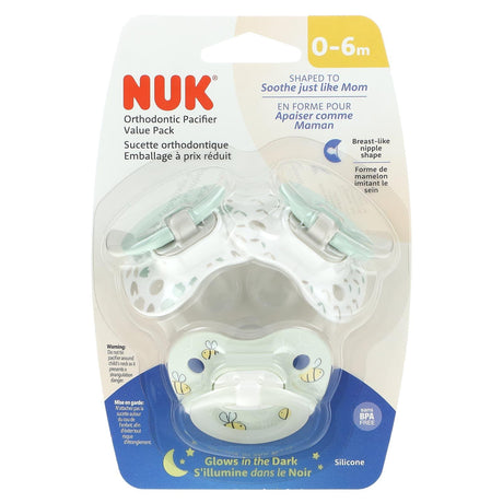 NUK, Glow in the Dark Orthodontic Pacifier, 0-6 Months, Green, 3 Value Pack - Supply Center USA